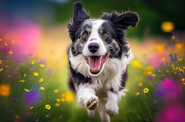 Joyful Canine in Monochrome Sprinting Through a Blooming Meadow Generative AI