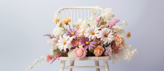 Pastel colored flowers on a white wicker chair