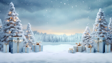 christmas background winter trees with christmas gifts, in the style of photo-realistic landscapes