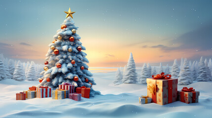 christmas tree in a snowy landscape with gifts placed in the snow near the trees, in the style of luminous 3d objects, dark orange and gold, cabincore, xmaspunk, rtx on, landscape realism
