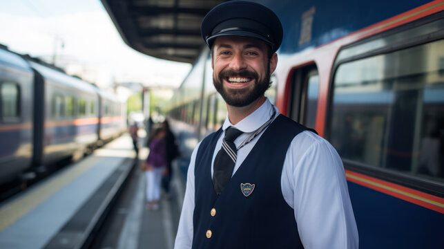 Train conductor next to a railway carriage