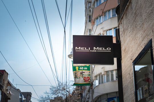BUCHAREST, ROMANIA - MARCH 12, 2023: Meli Melo Paris logo on their store selling French fashion in bucharest. Meli Melo is a Romanian chain of stores selling french inspired fashion accessories.