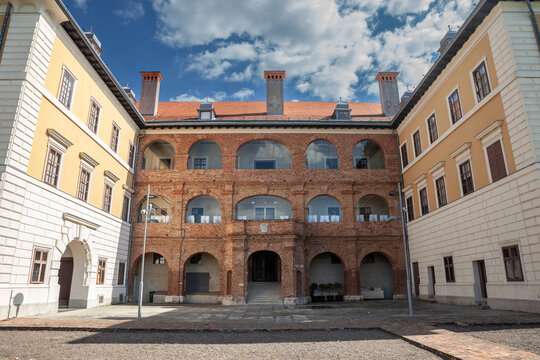 Panorama of the inner courtyard of the Ilok castle, also called ilocki utvrda, or Odescalchi Castle. it's a medieval monument, in the city of Ilok, the easternmost point of Croatia.