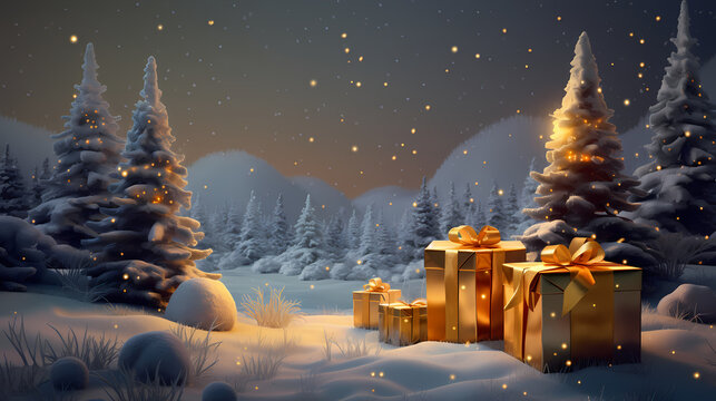 christmas gift photoshop background 4 winter wonderland, in the style of realistic rendering, dark orange and light cyan, contemporary landscape, luminous 3d objects, light gray and dark gold