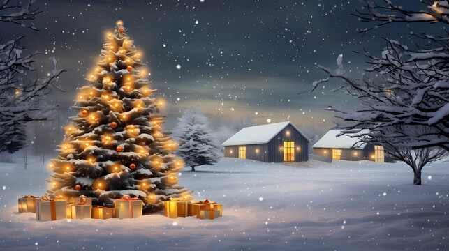 christmas tree and presents in the snow near an open barn with christmas lights, in the style of luminous 3d objects