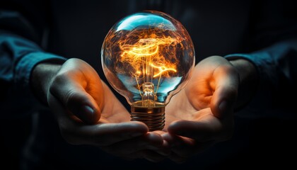 Creative brainstorming and innovative problem solving with an electric bulb in hand concept - obrazy, fototapety, plakaty