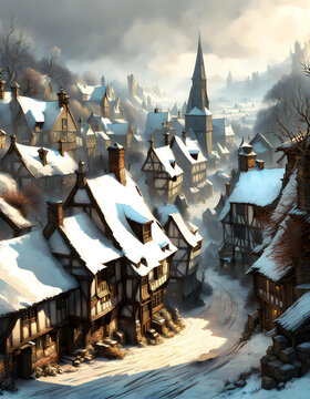 painting of a medieval town in winter with ancient houses covered in snow surrounded by trees