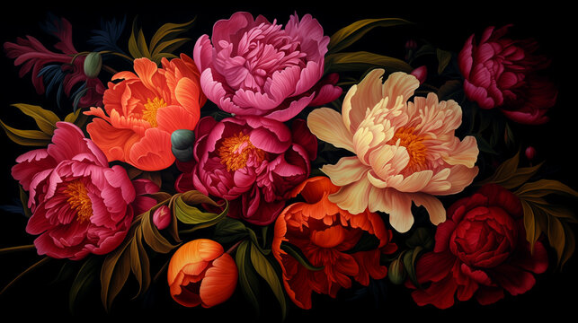 Painterly image of colorful peonies. Rococo style and chiaroscuro lighting. Vibrant resource background and wallpaper.