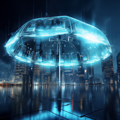 futuristic digital umbrella with light and technology background for modern sci fi technology protection