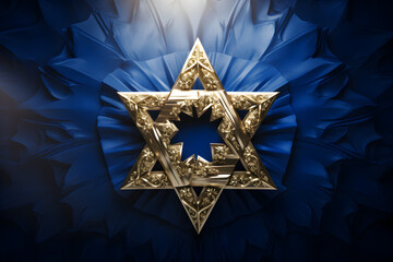 Golden jewish star on the blue bokeh background - obrazy, fototapety, plakaty