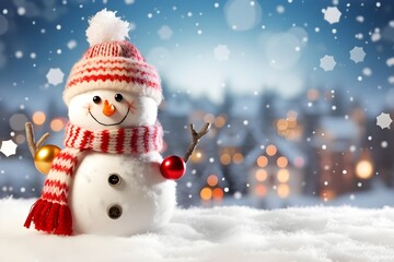 Fototapeta premium Christmas blue background with white snowman