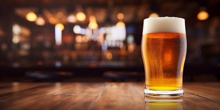 Wooden table with glass of beer, bokeh background of pub or restaurant