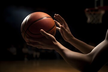 Hands with basketball ball close up, playing game concept