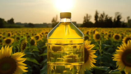 Sunflower oil in bottles with flowers of sunflower	