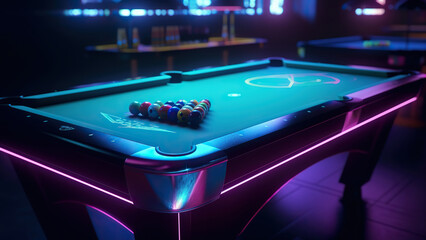 Pool balls and cue on pool table. Neon light. - obrazy, fototapety, plakaty