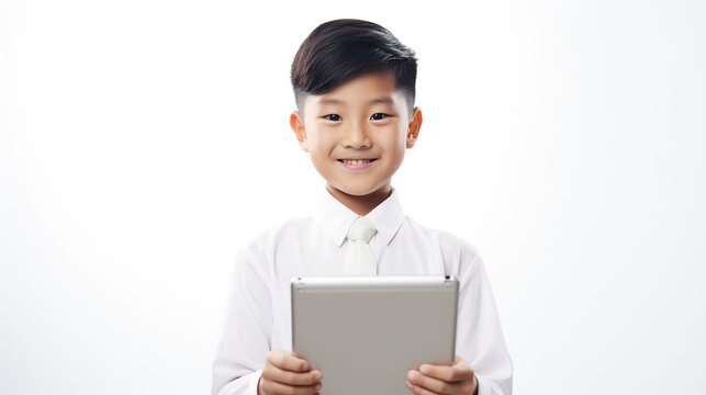 
asian kid company worker smile holding digital tablet