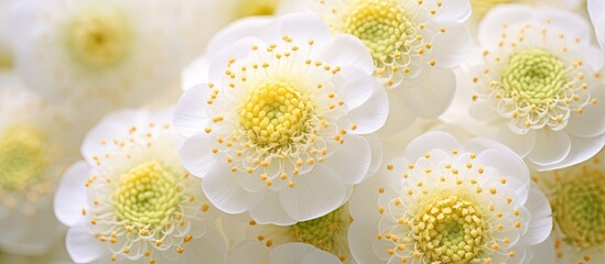 Close up of Cream Pincushions or Scabious flower with shallow depth of field - obrazy, fototapety, plakaty