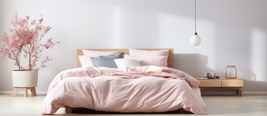 Fototapeta na wymiar Large bed with plush headboard and soft pink bedding in a femininely decorated room with a window
