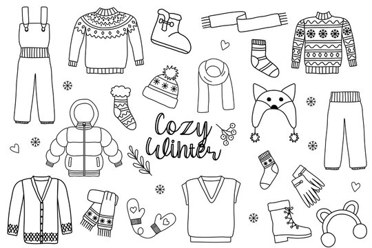 Set of cozy warm winter clothes and accessories, doodle style flat vector outline for coloring book