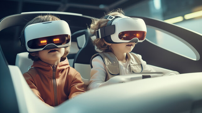 Children vr headset ride in a self-driving car controlle