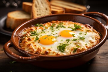 Delicious fried egg with crispy bacon in a sizzling pan, top view of a mouthwatering breakfast treat