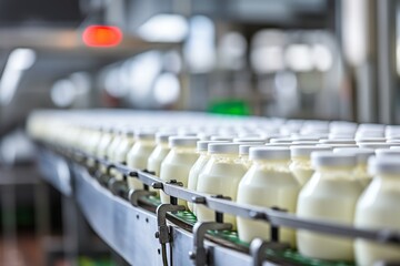 Automated process of filling milk or yogurt into plastic bottles at a modern dairy plant - obrazy, fototapety, plakaty