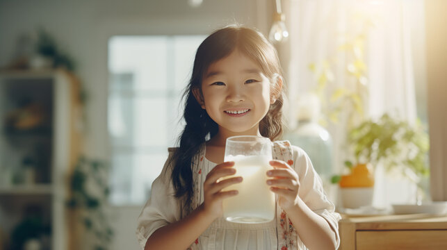 
cute asian girl kid hold milk glass in house kitchen child milk