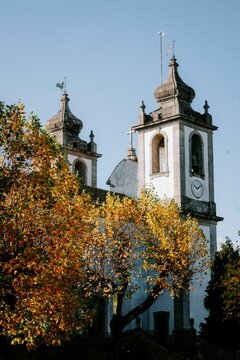 Vertical of a beautiful church building in Santa Comba Dao, Portugal captured against the sky