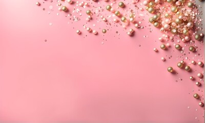 Fototapeta premium Pink background with glitter and gold pearls for showing packaging and product. Product display presentation. Cosmetic concept. Background, postcard, wallpaper, banner, template, 