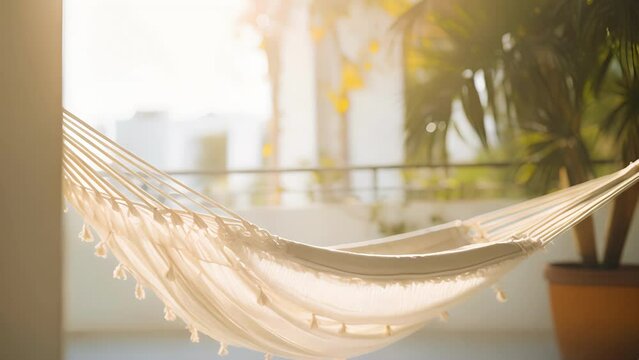 A picture of a hanging cotton hammock gently swaying in the breeze on a sundrenched balcony. The warm light creates a peaceful ambience, inviting relaxation and tranquility.