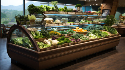 Supermarket showcase with wooden boxes of vegetables. Organic fresh broccoli, paprika, lettuce, onion. Concept of bio food and shopping in grocery store. - obrazy, fototapety, plakaty
