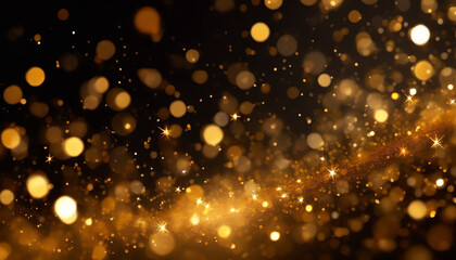 Fototapeta na wymiar gold sparkle stars burst against a black backdrop, creating a mesmerizing bokeh glitter explosion. Golden particles dance in a magical display