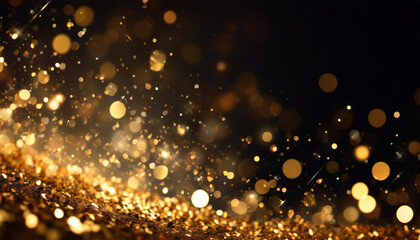 Fototapeta na wymiar gold sparkle stars burst against a black backdrop, creating a mesmerizing bokeh glitter explosion. Golden particles dance in a magical display