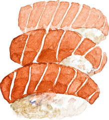 Watercolor painted sushi. Hand drawn fresh seafood design element isolated on white background.