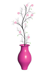 A delicate spring blooming twig in a vase. Vector illustration of a 3D pink vase with a bouquet of pink flowers, object isolated.