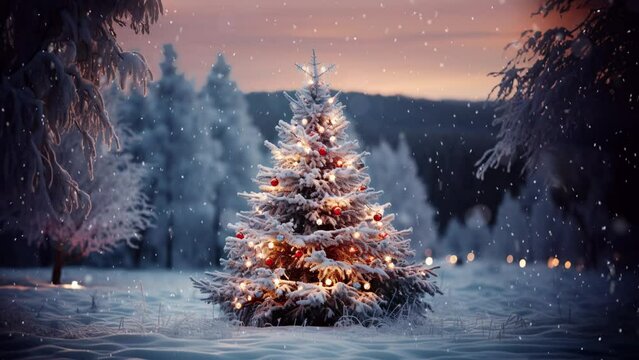Christmas tree in the winter forest. Beautiful winter landscape with Christmas tree. Christmas scene with copy space. Snowfall. Loop
