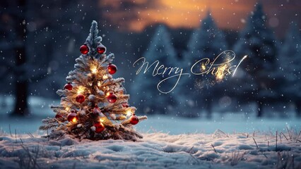 Merry Christmas reveal. Christmas tree in the winter forest. Beautiful winter landscape with Christmas tree. Winter scene with christmas greetings.
- Powered by Adobe