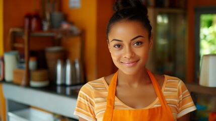 Smiling african woman shop worker assisting customers in a lively supermarket environment.