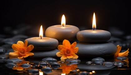 Tranquil spa treatment background with candles on dark backdropspace for text or message.