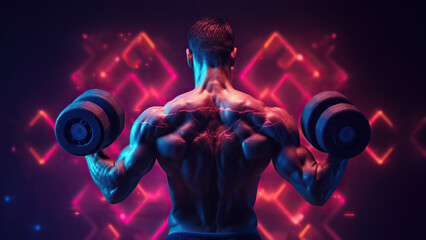 Backlit Brawn: Strong Athlete Displaying Muscular Form and Powerlifting Dumbbells