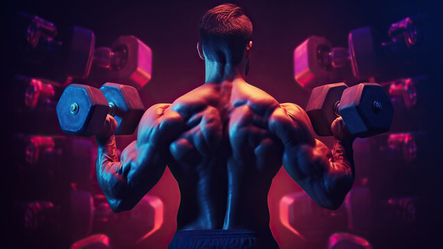 Athletic Luminescence: Male Weightlifter Exhibiting Incredible Strength under Neon Lighting