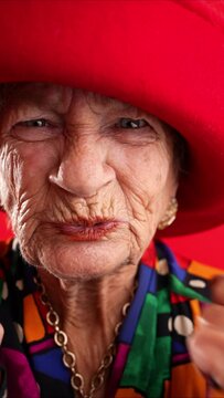 Vertical video of angry unhappy displeased fisheye portrait caricature of funny elderly woman saying NO with red hat isolated on red background.