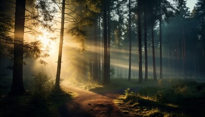 Serene and ethereal forest landscape with soft sunbeams piercing through misty ambiance