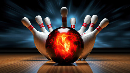 A bowling ball of fire hits the pins - obrazy, fototapety, plakaty