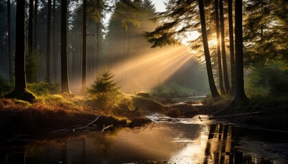 Majestic sunbeams filtering through the ethereal mist in a serene and enchanting forest