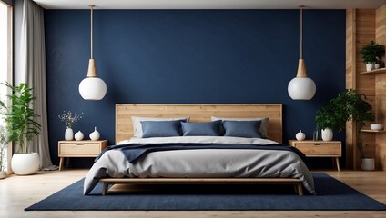 Blank wooden frame mockup on the wall and a centered bed in a trendy modern Scandinavian interior with blue tones. Generative AI.