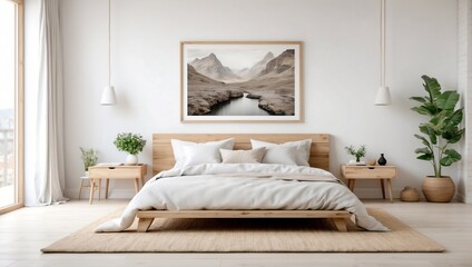 Blank wooden frame mockup on the wall and a centered bed in a trendy modern Scandinavian interior with white tones. Generative AI.