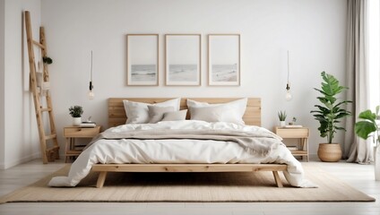 Blank wooden frame mockup on the wall and a centered bed in a trendy modern Scandinavian interior with white tones. Generative AI.