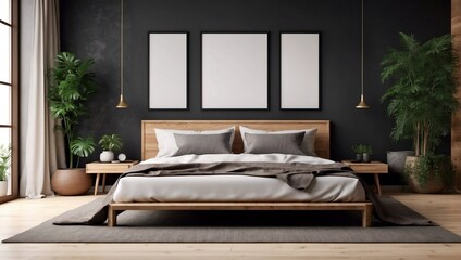 Blank wooden frame mockup on the wall and a centered bed in a trendy modern Scandinavian interior with dark tones. Generative AI.