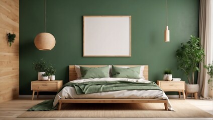Blank wooden frame mockup on the wall and a centered bed in a trendy modern Scandinavian interior with green tones. Generative AI.